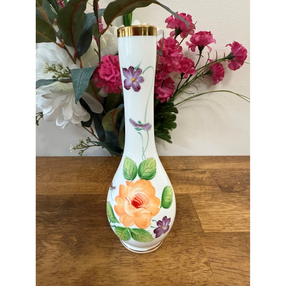Vintage Hand-Painted Milk Glass Vase – Floral Design with‎ Gold Rim Retro Decor